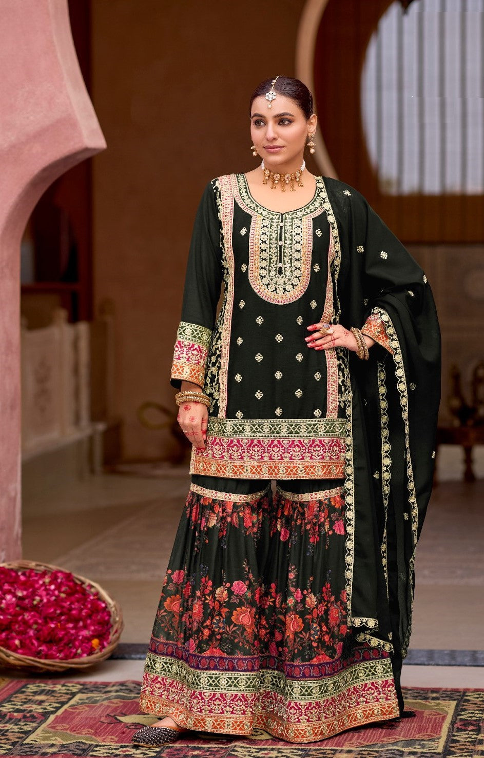 Black Chinon Designer Suit Set With Elegant Embroidery