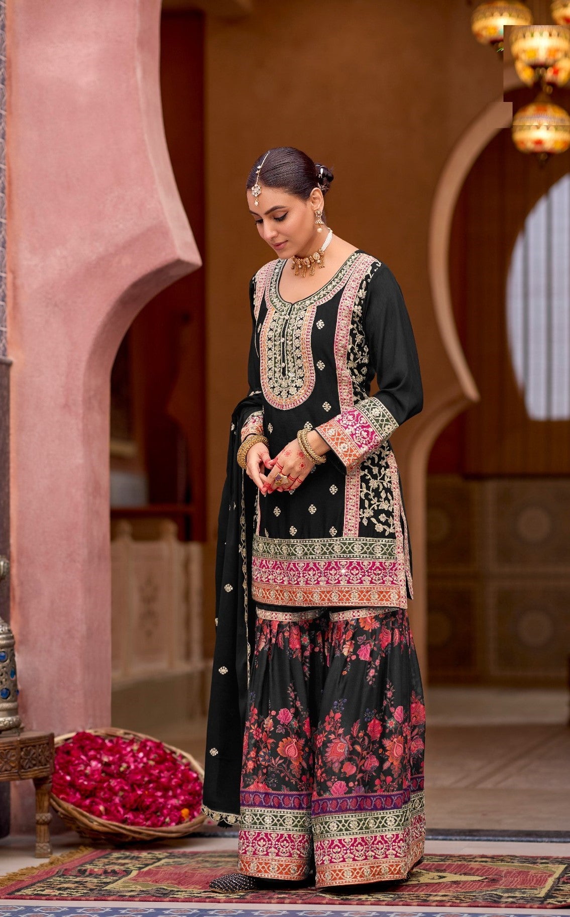 Black Chinon Designer Suit Set With Elegant Embroidery