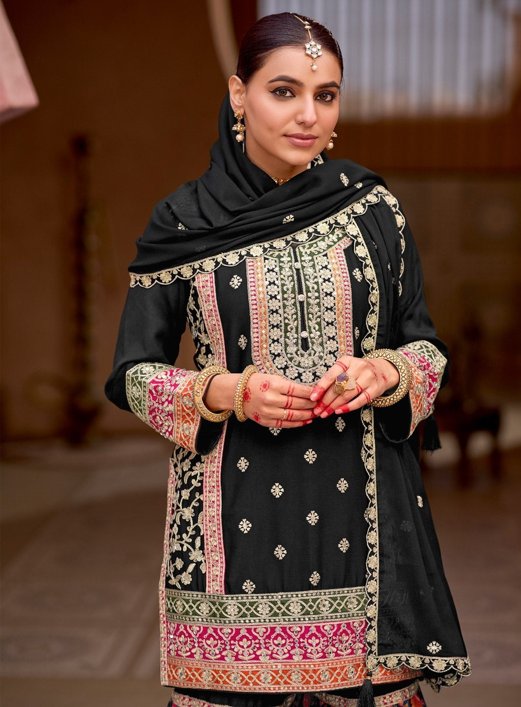 Black Chinon Designer Suit Set With Elegant Embroidery