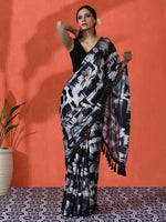 Black Chinon Saree With Beautiful Digital Print For Ceremonial Wear