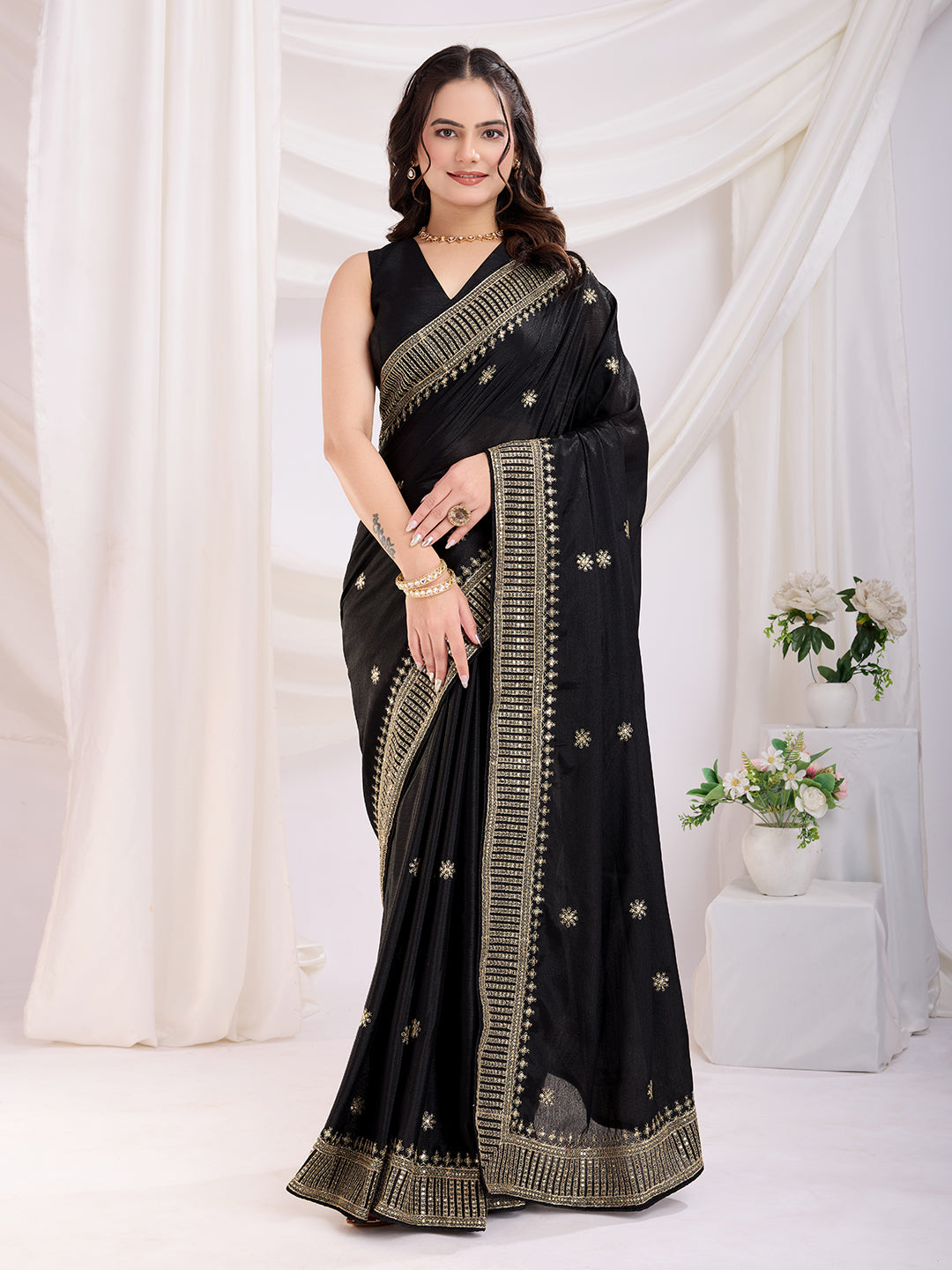 Black Chinon Silk Desigenr Zari Embroidered Ceremonial Saree