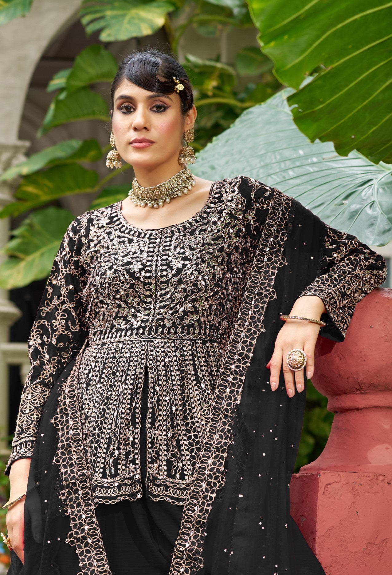 Black Chinon Silk Salwar Suit With Real Mirror Work