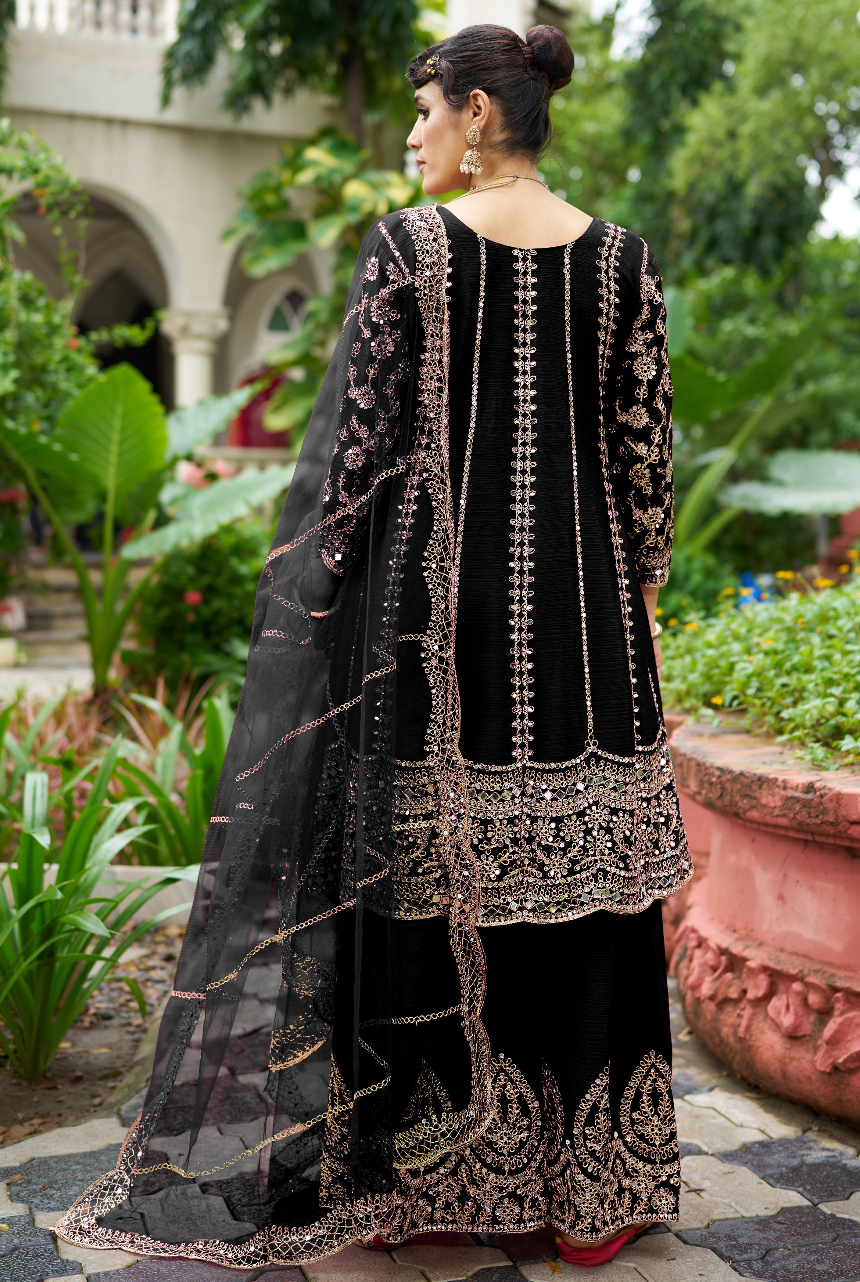 Black Chinon Silk Salwar Suit With Real Mirror Work