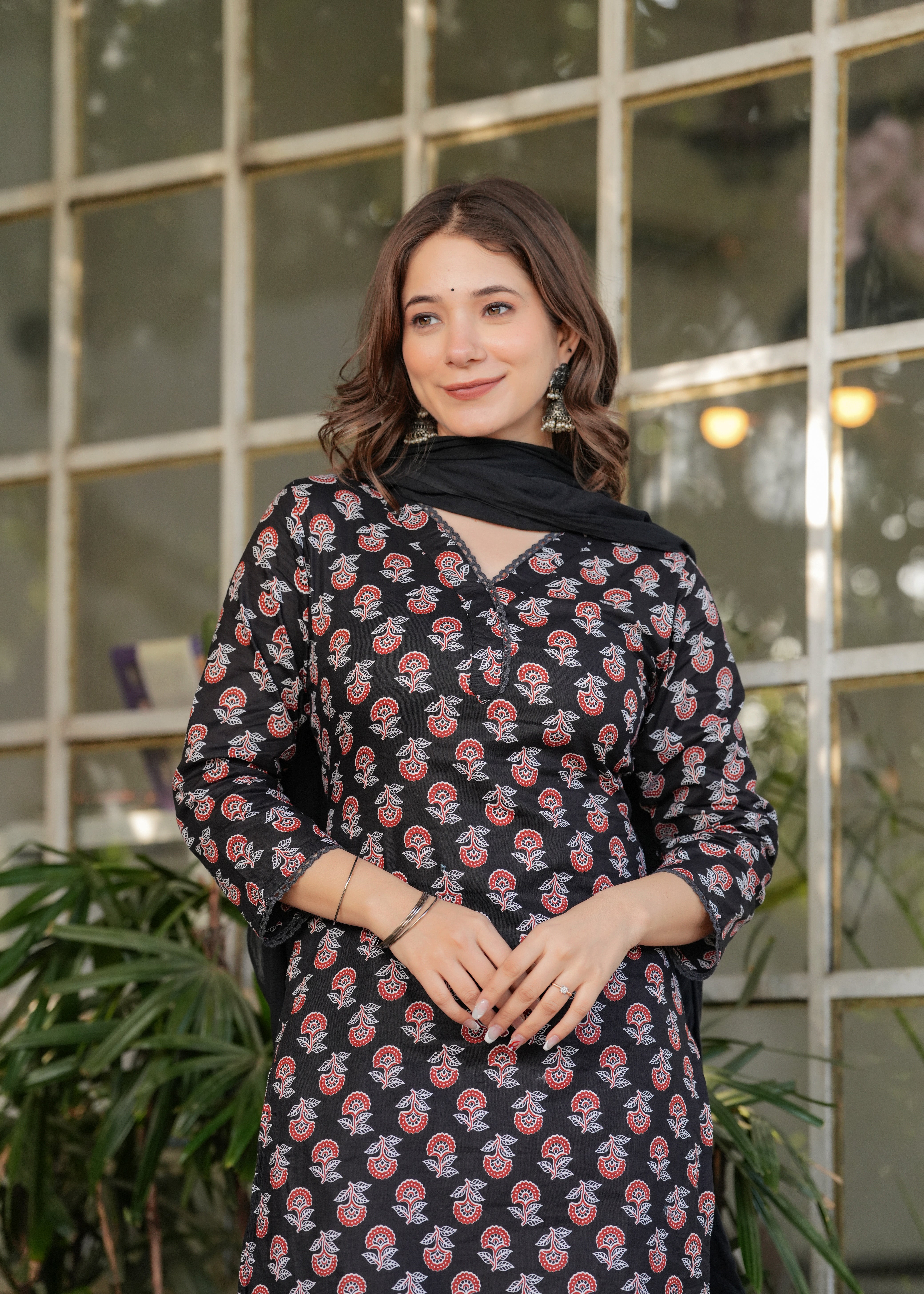 Black Cotton Elegant Kurta Pant Set With Print