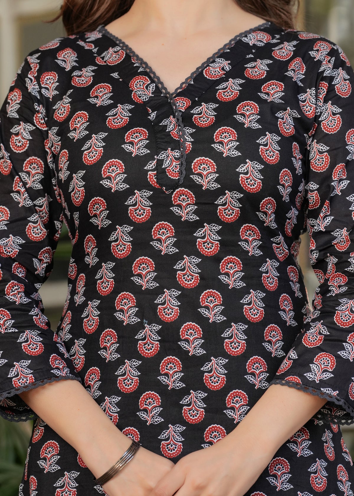 Black Cotton Elegant Kurta Pant Set With Print
