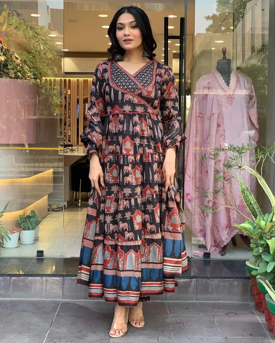 Black Cotton Kurta Pant Set with Printed With Thread Embroidery Work