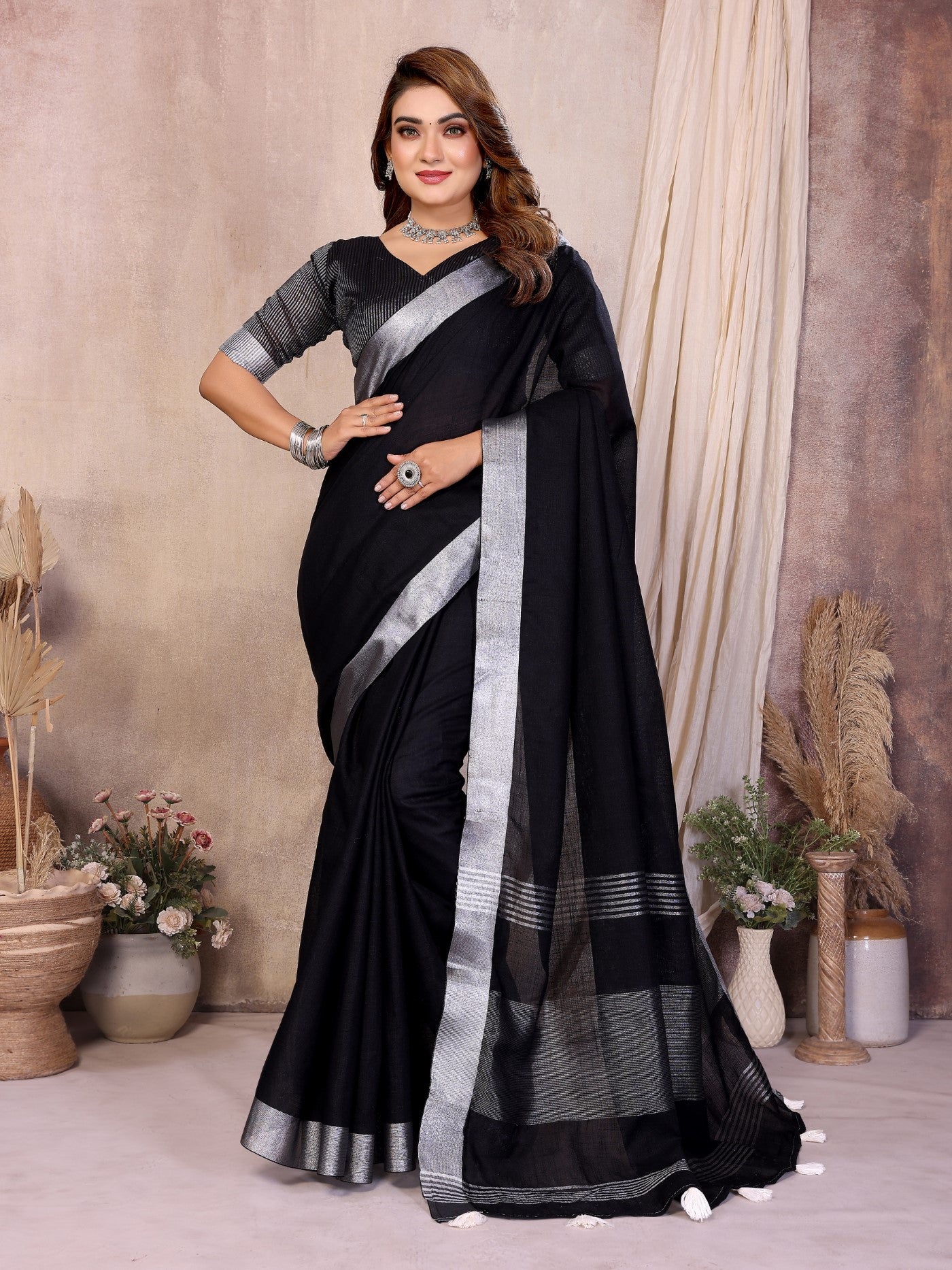 Black Cotton Saree With Traditional Silver Zari Border