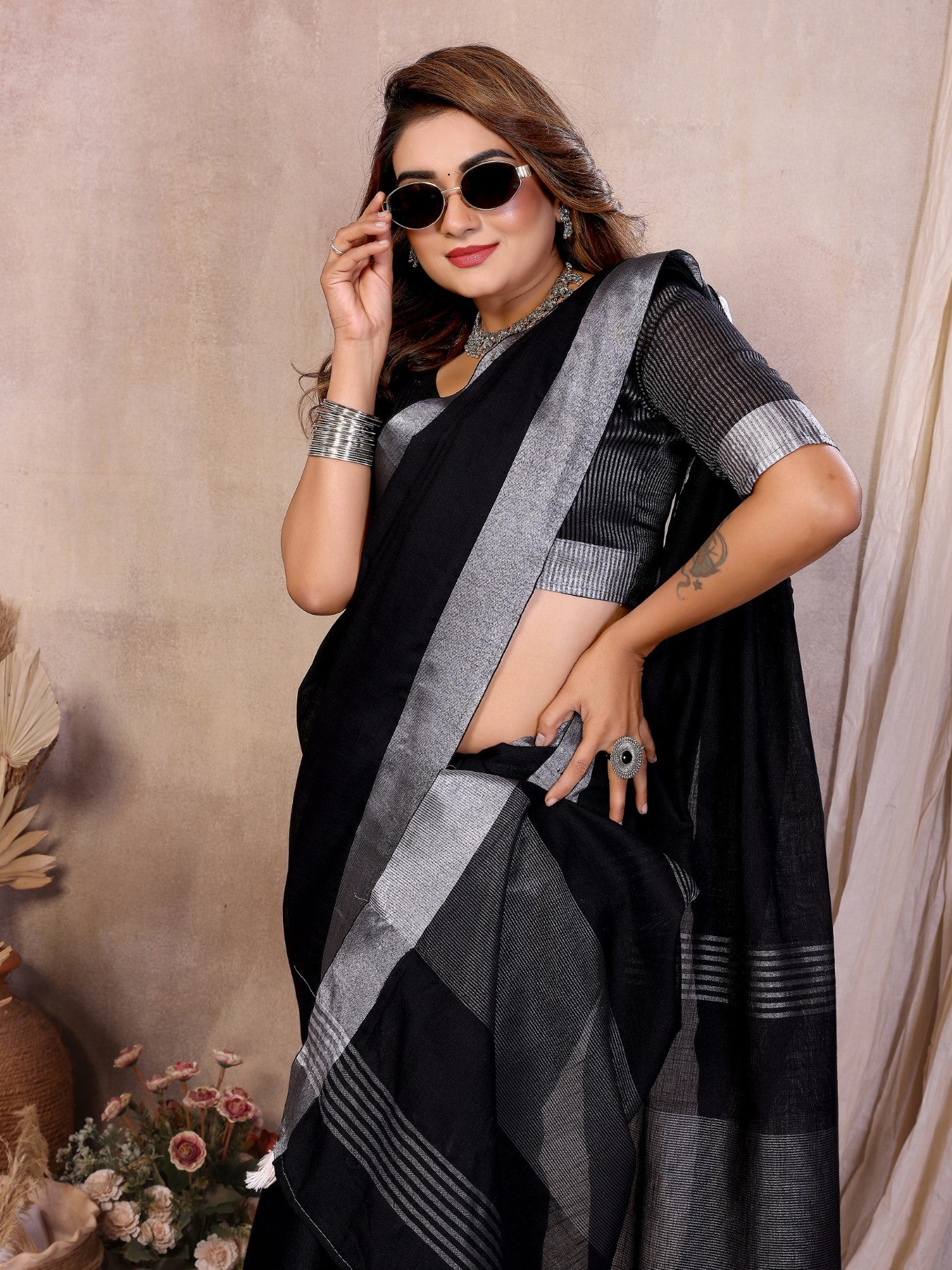 Black Cotton Saree With Traditional Silver Zari Border