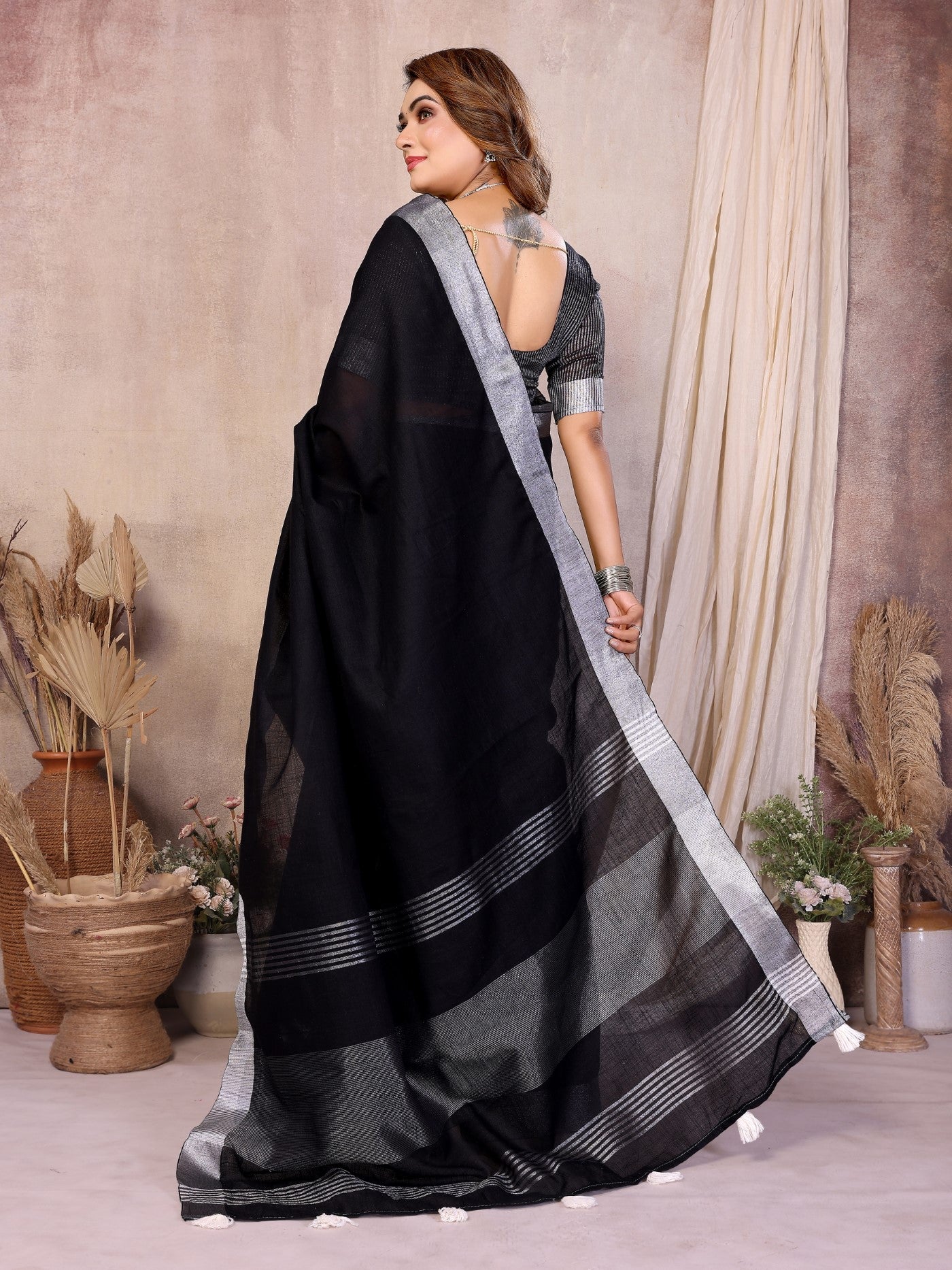 Black Cotton Saree With Traditional Silver Zari Border
