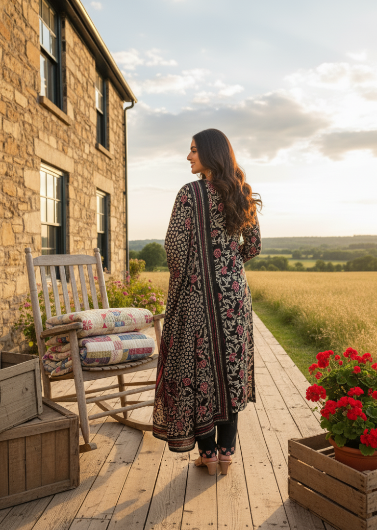 Black Cotton Silk Designer Suit Set With Luxe Embroidery