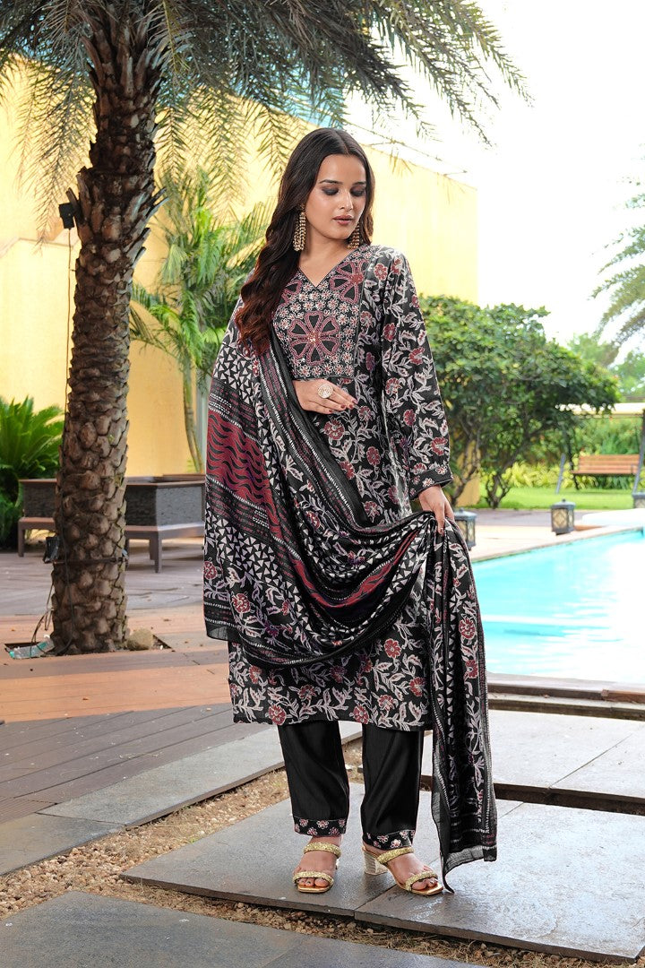 Black Cotton Silk Designer Suit Set With Luxe Embroidery