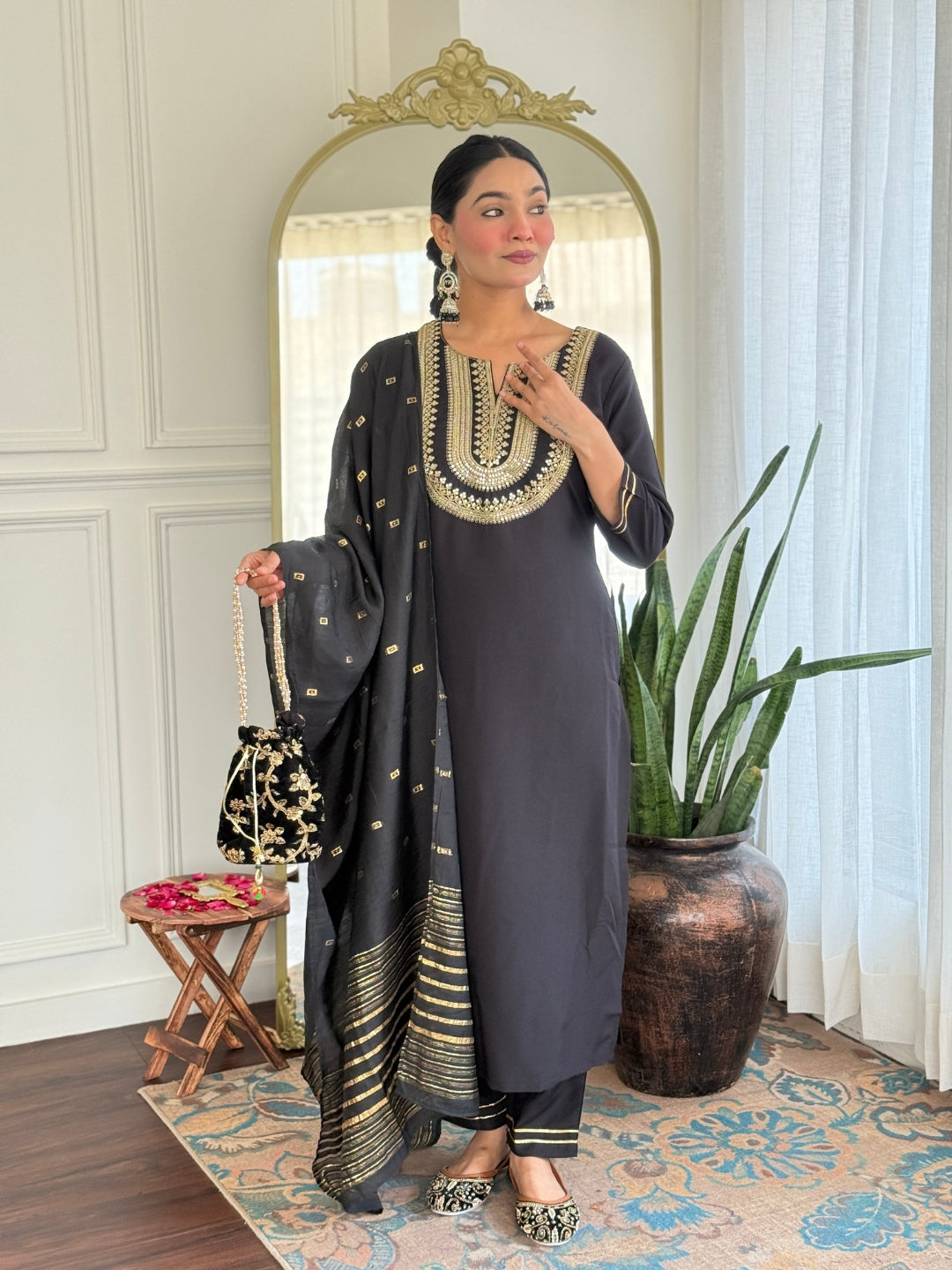 Black Cotton Slub Elegant Kurta Pant Set With Embroidery Work