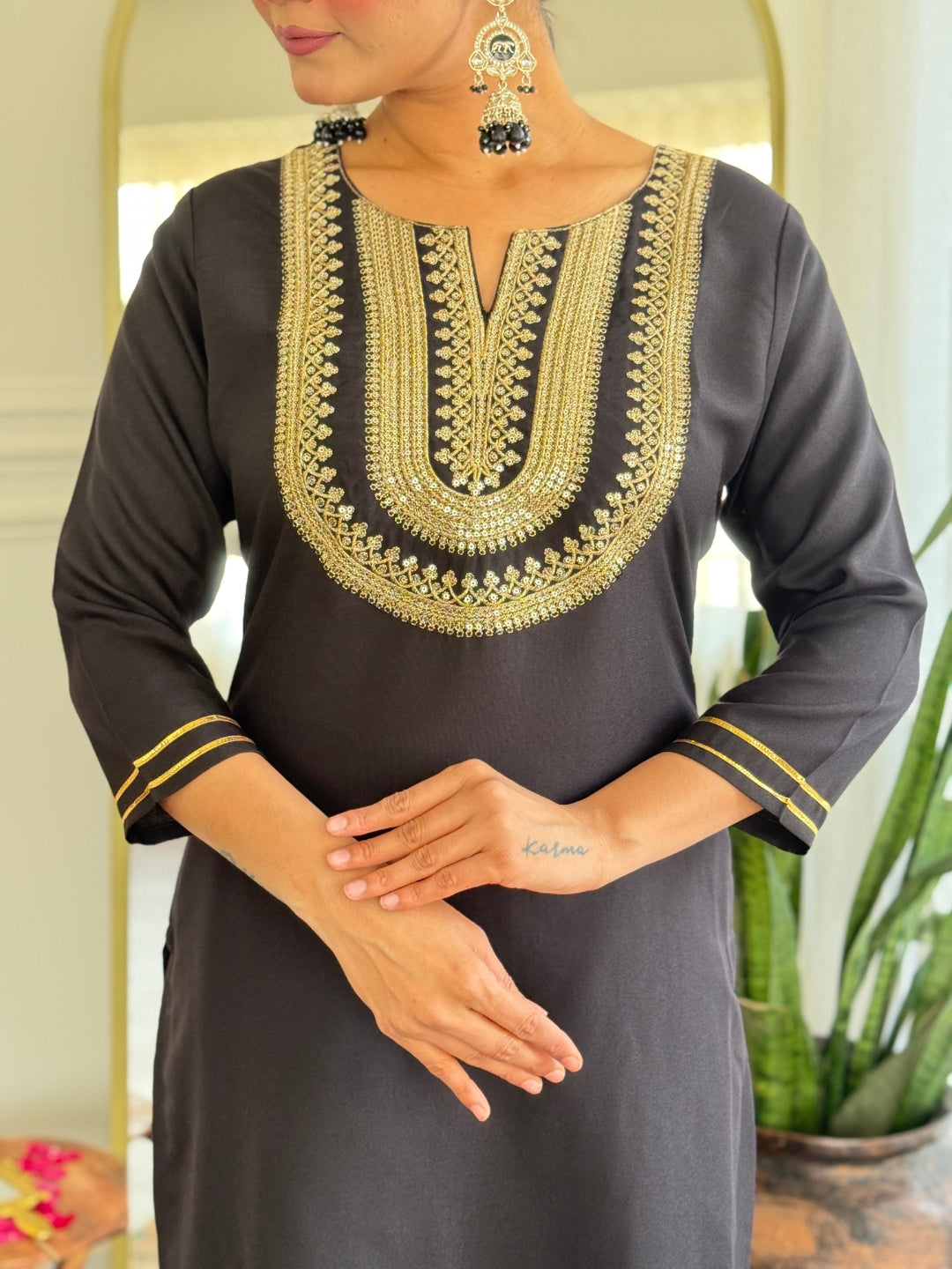 Black Cotton Slub Elegant Kurta Pant Set With Embroidery Work