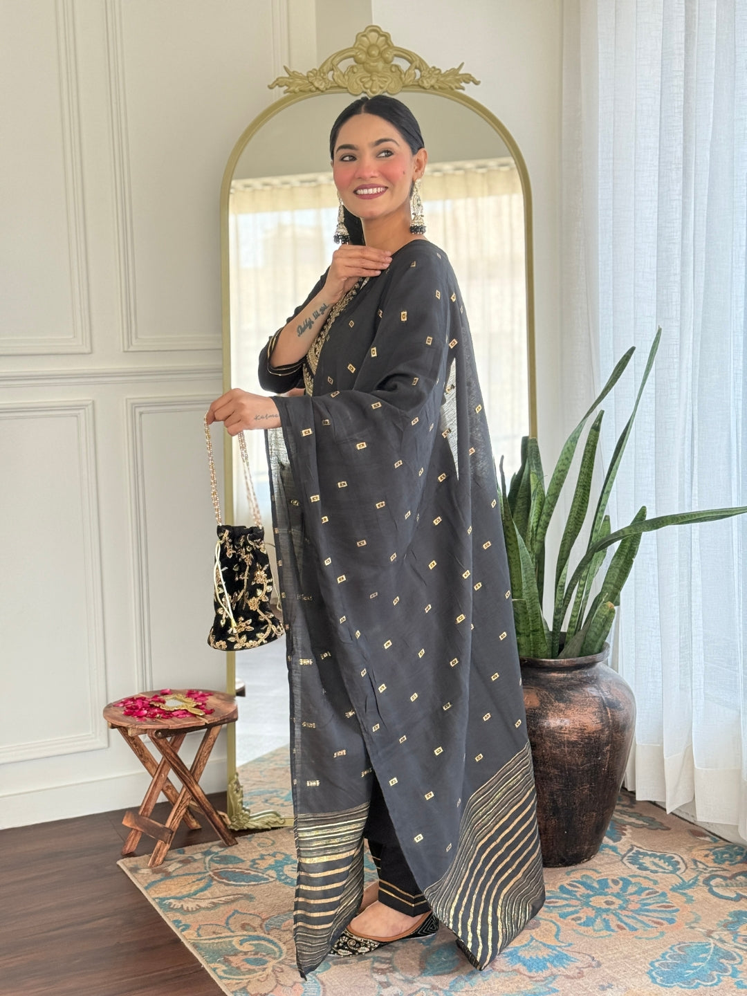 Black Cotton Slub Elegant Kurta Pant Set With Embroidery Work