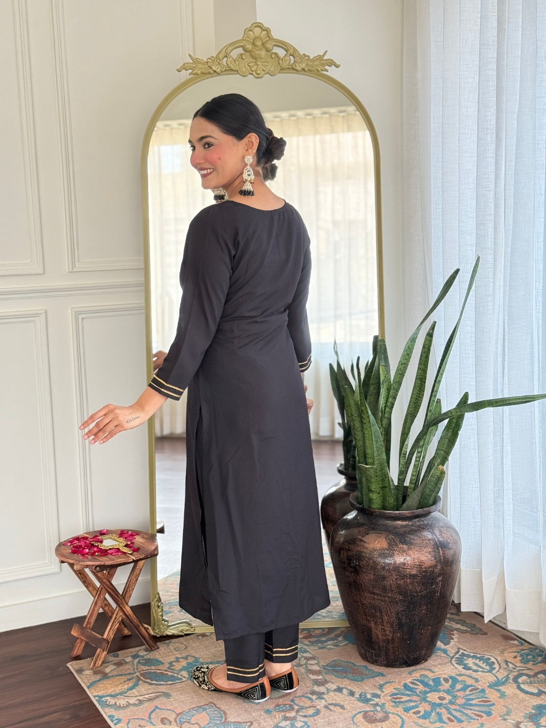 Black Cotton Slub Elegant Kurta Pant Set With Embroidery Work