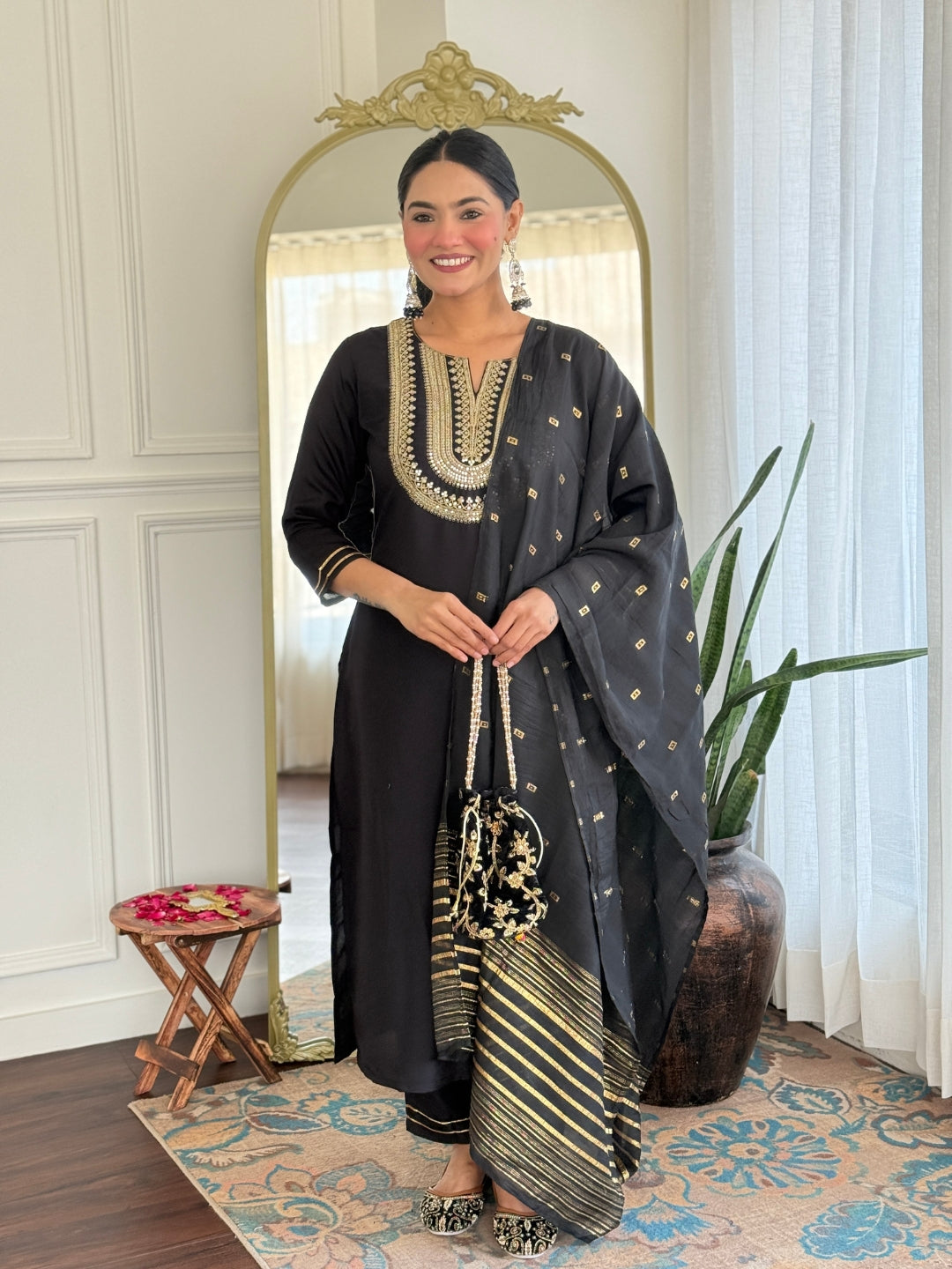 Black Cotton Slub Elegant Kurta Pant Set With Embroidery Work