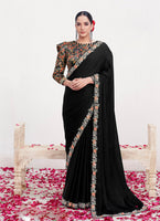 Black Crepe Satin Silk Heavy Embroidery Work Wedding Wear Saree