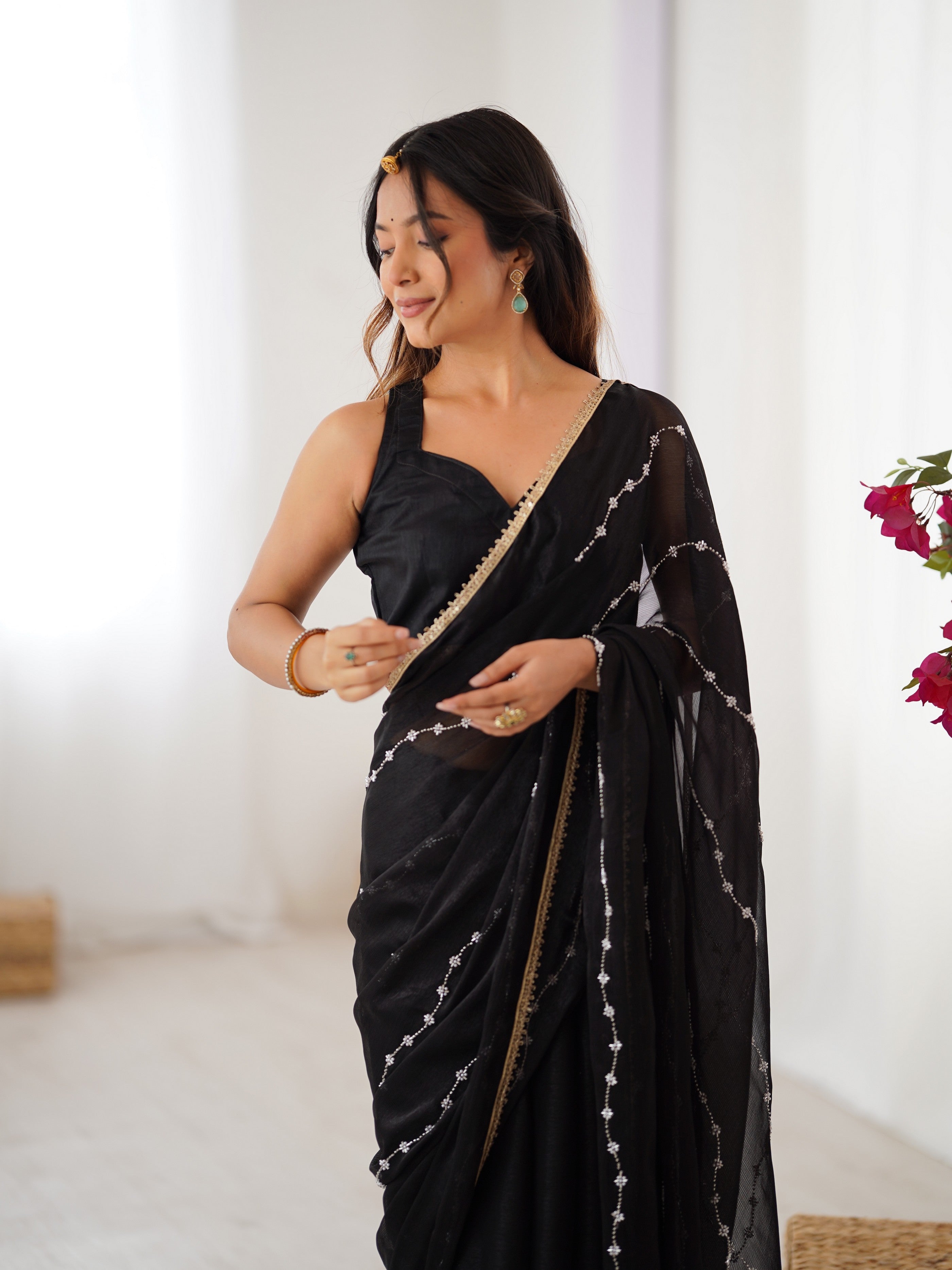 Black Designer Beads Work Sitara Chiffon Girlie Ceremonial Saree
