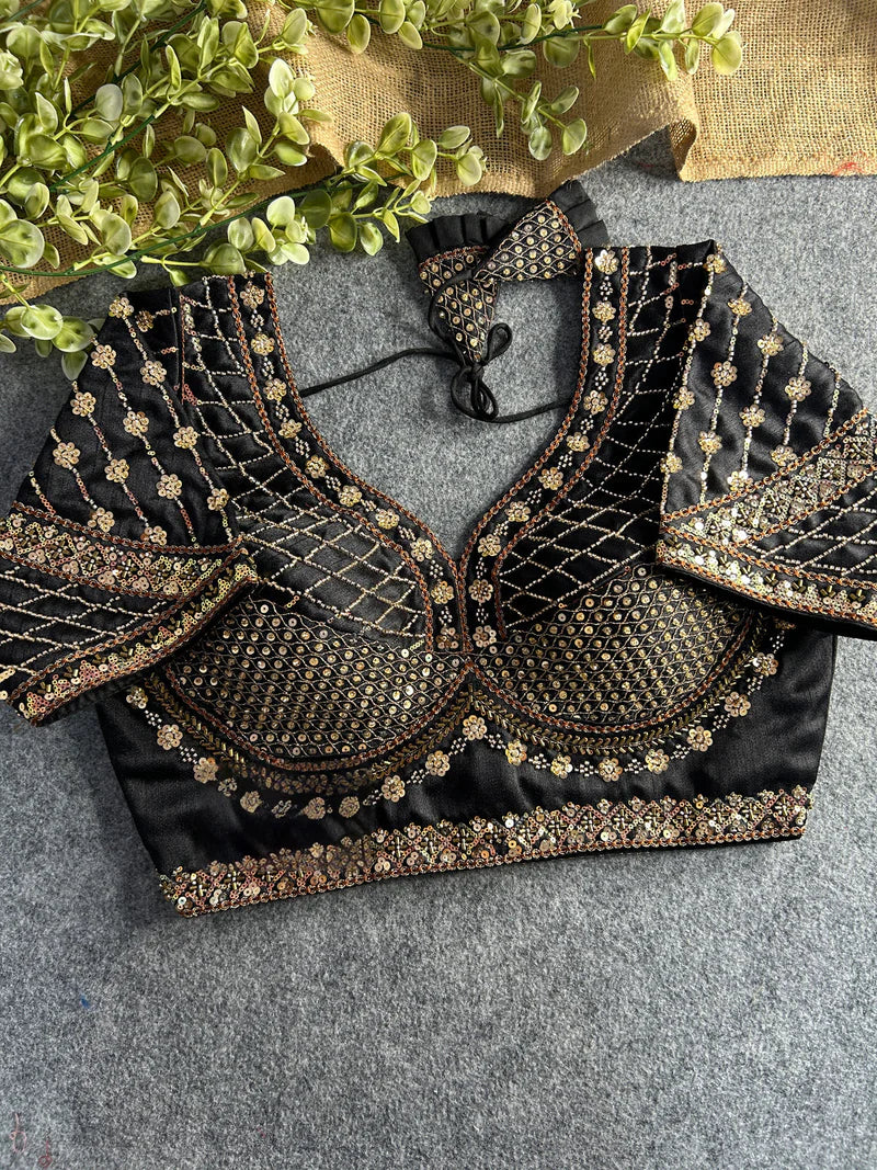 Black Designer Bridal Blouse with Heavy Stars, Beads & Sequins Work  Italian Silk