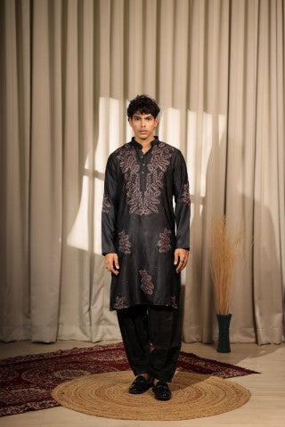 Black Designer Embroidered Greek Satin Stylish Kurta Pajama