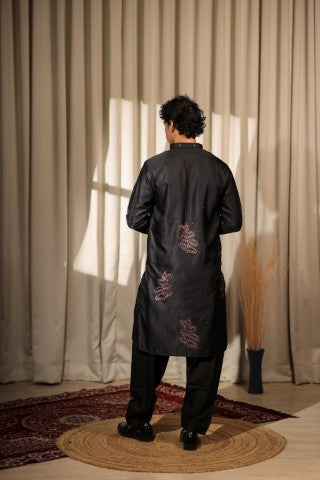 Black Designer Embroidered Greek Satin Stylish Kurta Pajama