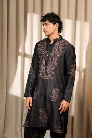 Black Designer Embroidered Greek Satin Stylish Kurta Pajama