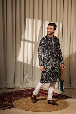 Black Designer Embroidered Viscose Stylish Kurta Pajama