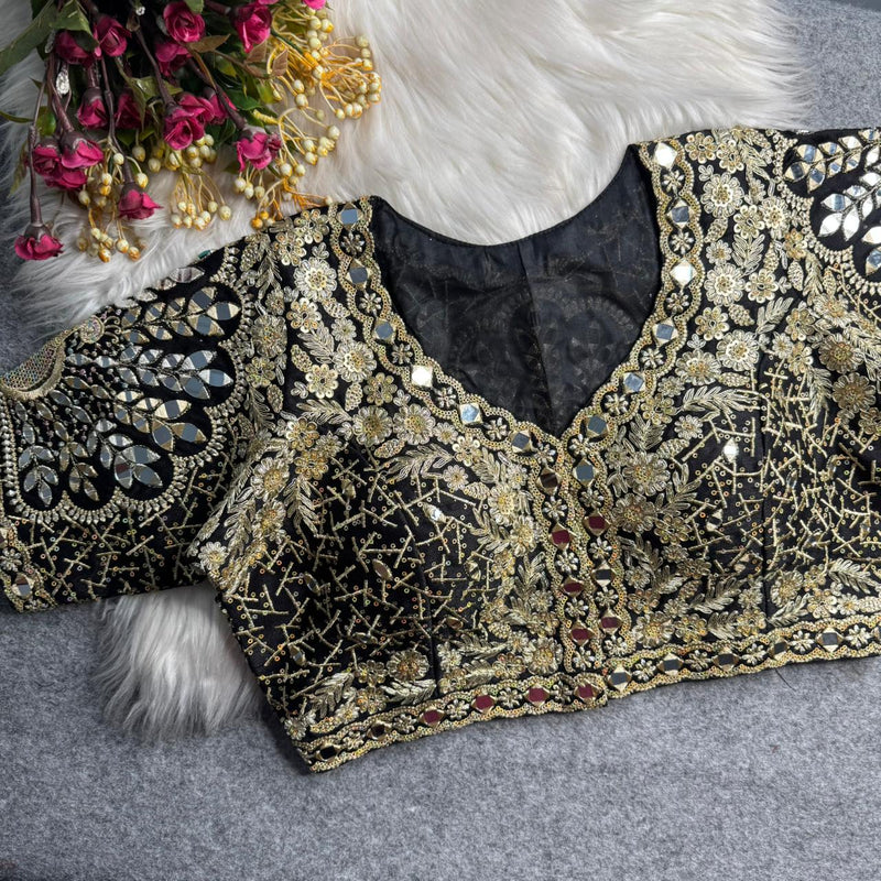 Black Designer Roman Silk Bridal Blouse with Mayur Mirror Work & Sequence Thread Work, Embroidery & Sequins