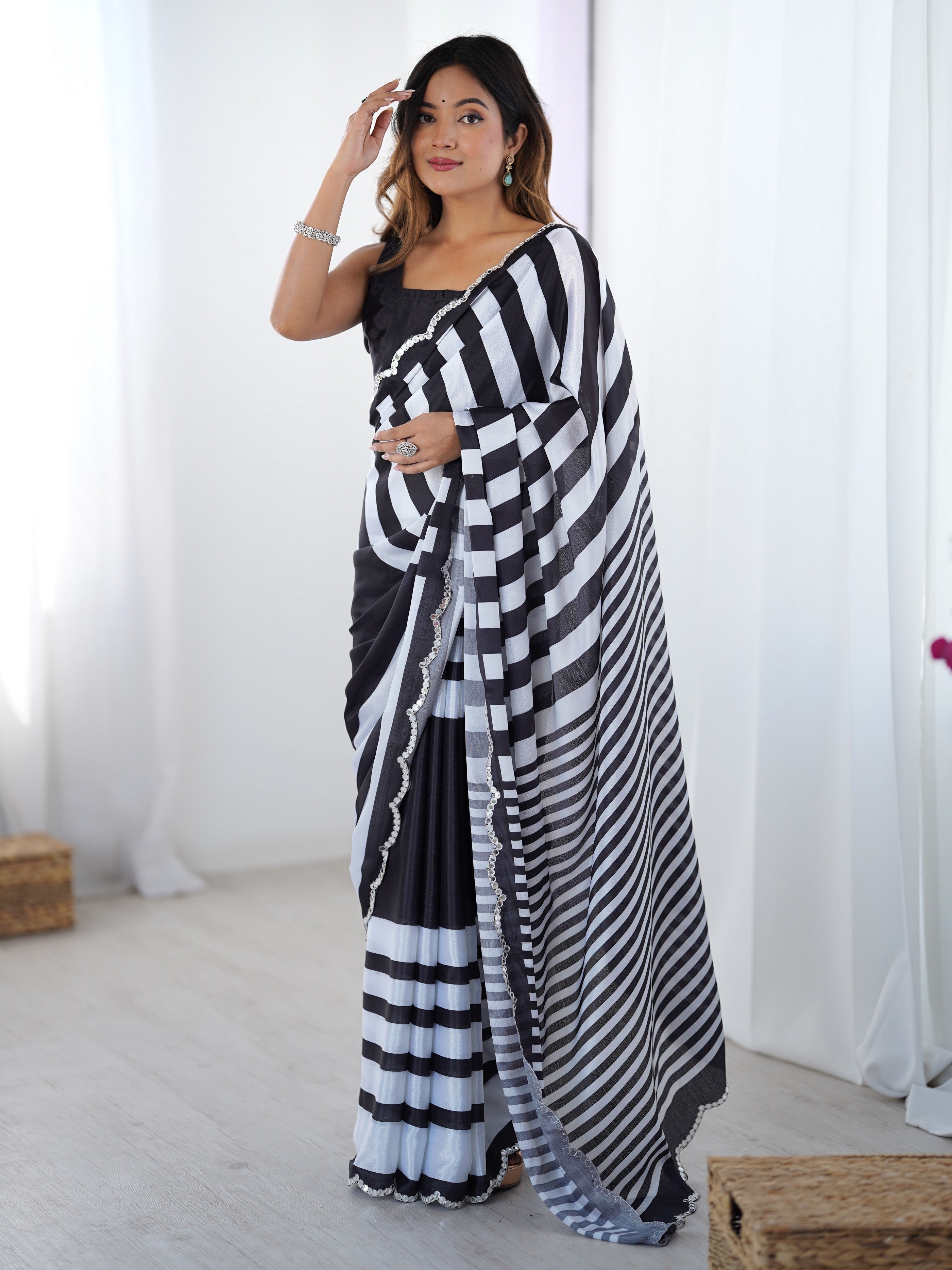 Black Digital Printed Stylish Chinon Fanbric Glamorous Partywear Saree
