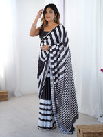 Black Digital Printed Stylish Chinon Fanbric Glamorous Partywear Saree