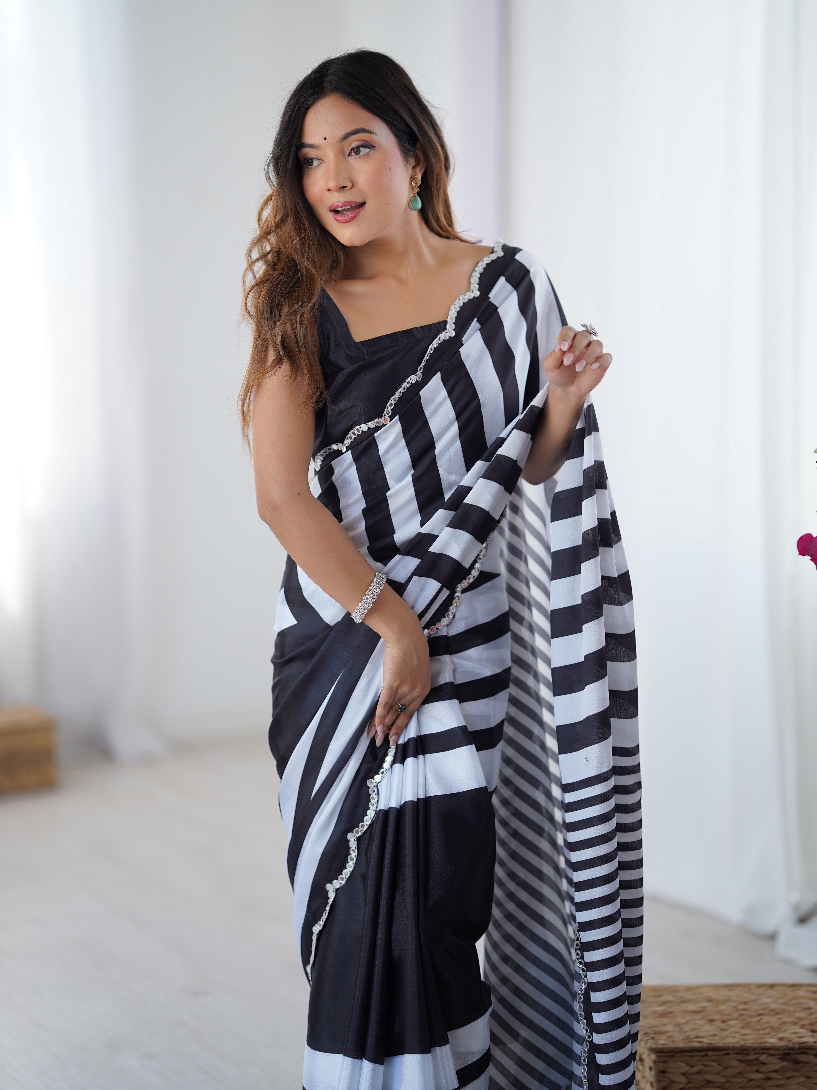 Black Digital Printed Stylish Chinon Fanbric Glamorous Partywear Saree