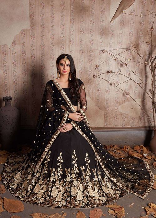 Black Embroidered Crape Silk Lehenga Choli