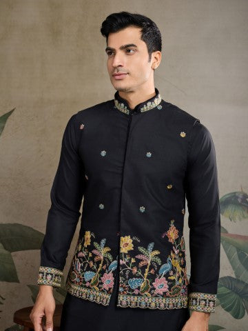 Black Embroidered Kurta with Jacket for Ceremonial Look