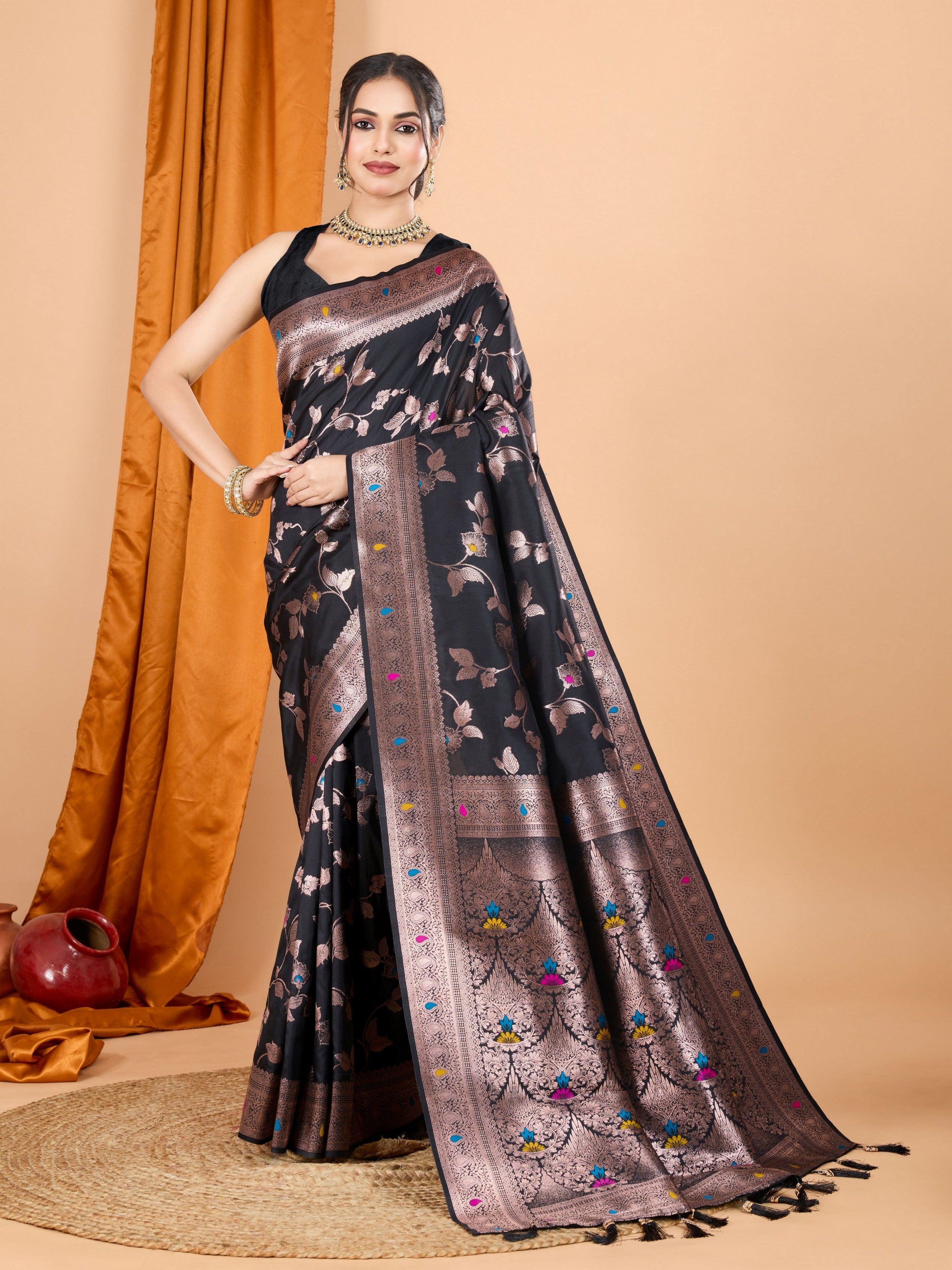 Black Ethnic Banarasi Silk Saree With Woven Jari Designer Work