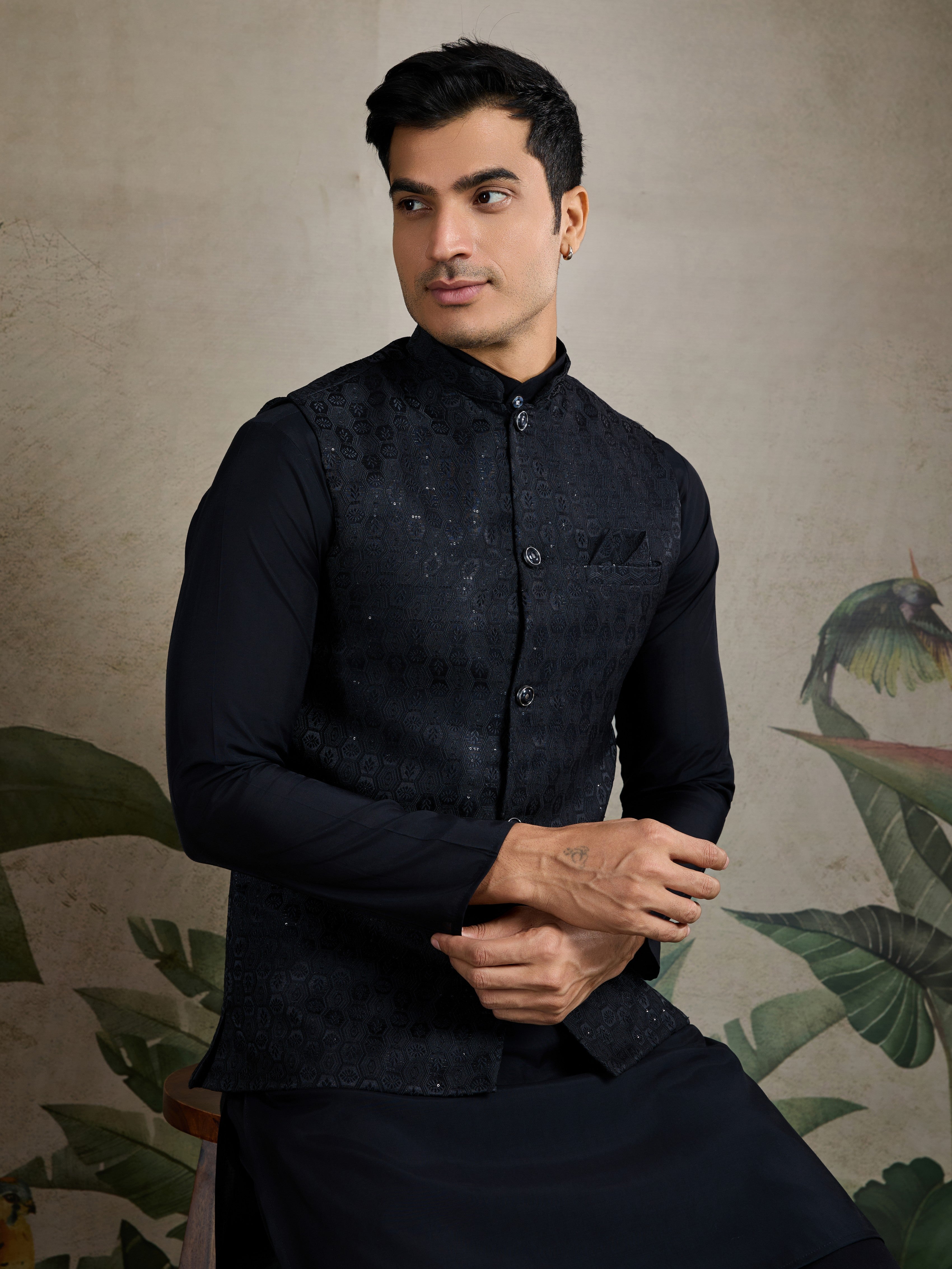 Black Ethnic Ceremonial Kurta with Jacket
