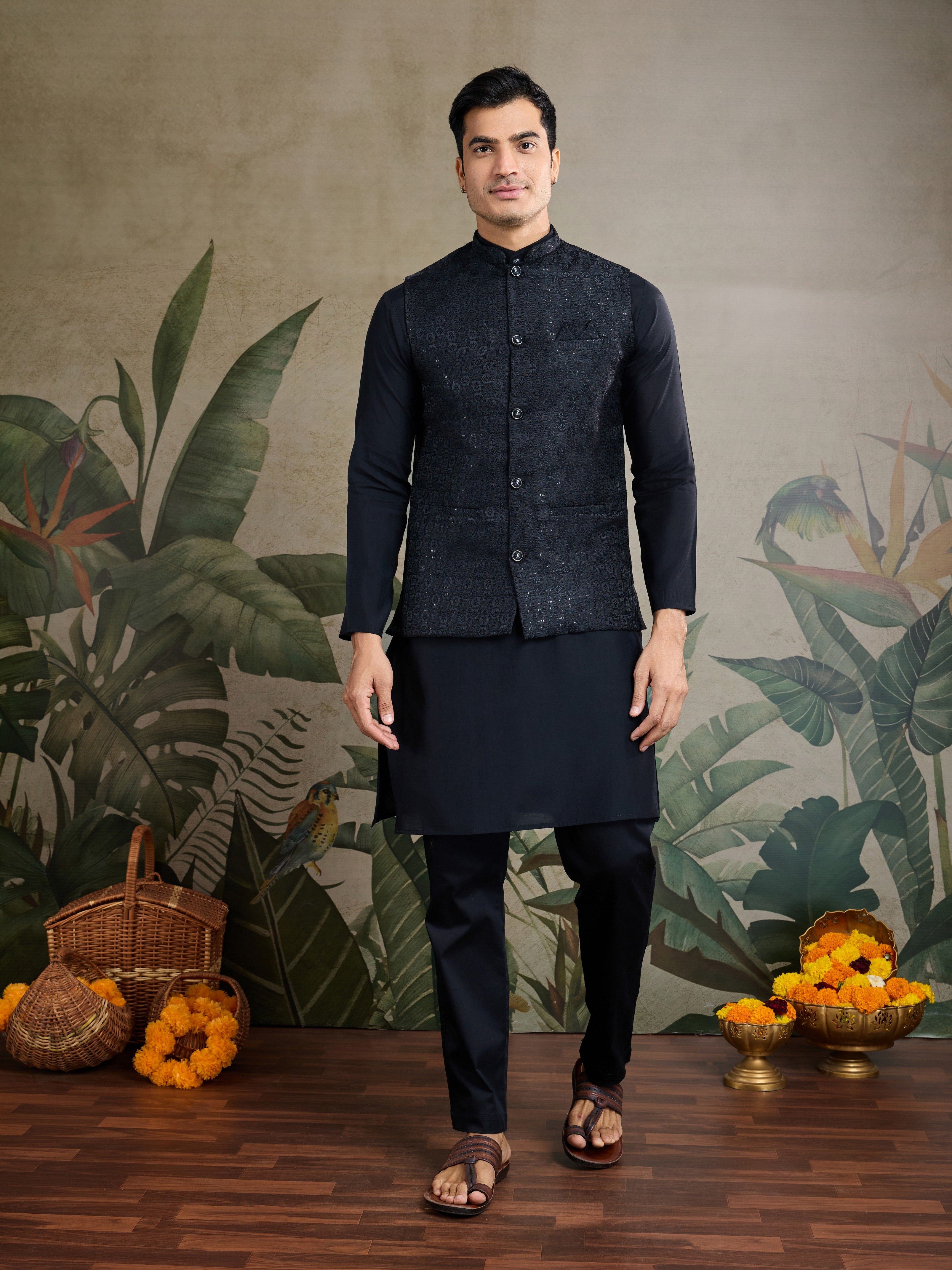 Black Ethnic Ceremonial Kurta with Jacket