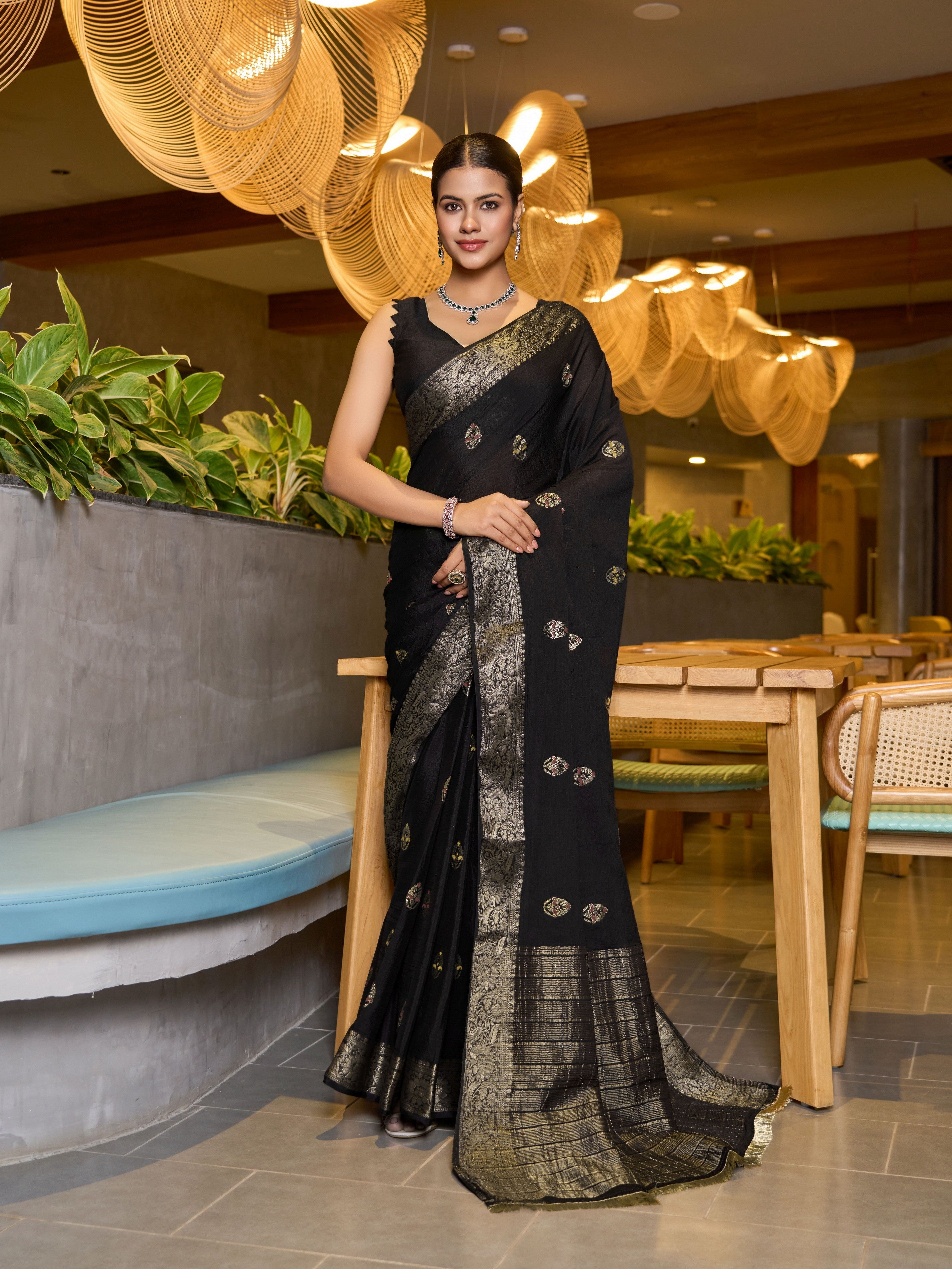 Black Ethnic Chinon Woven Designer Partywear Saree