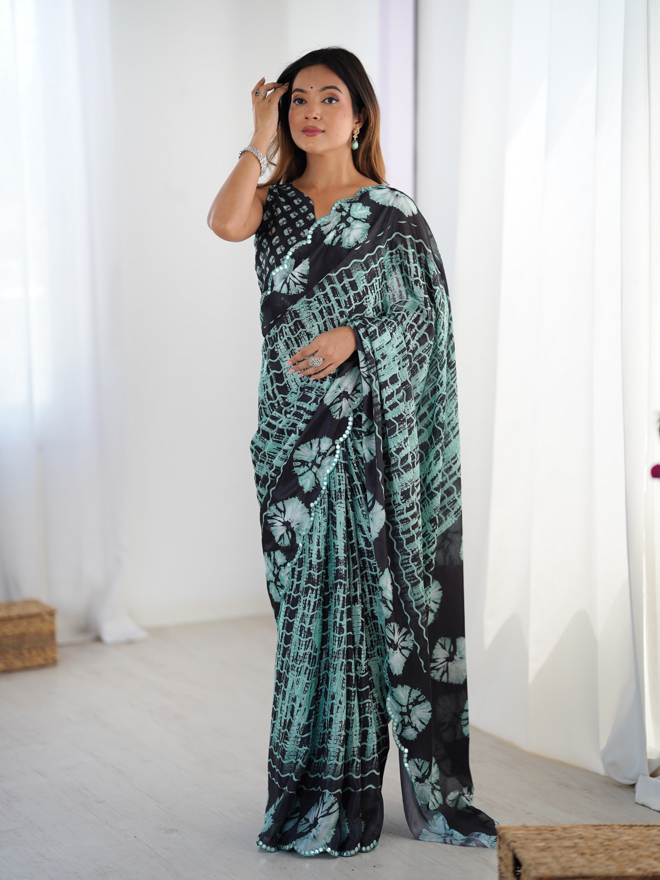 Black Ethnic Partywear Digital Printed Saree With Stylish Cut Border