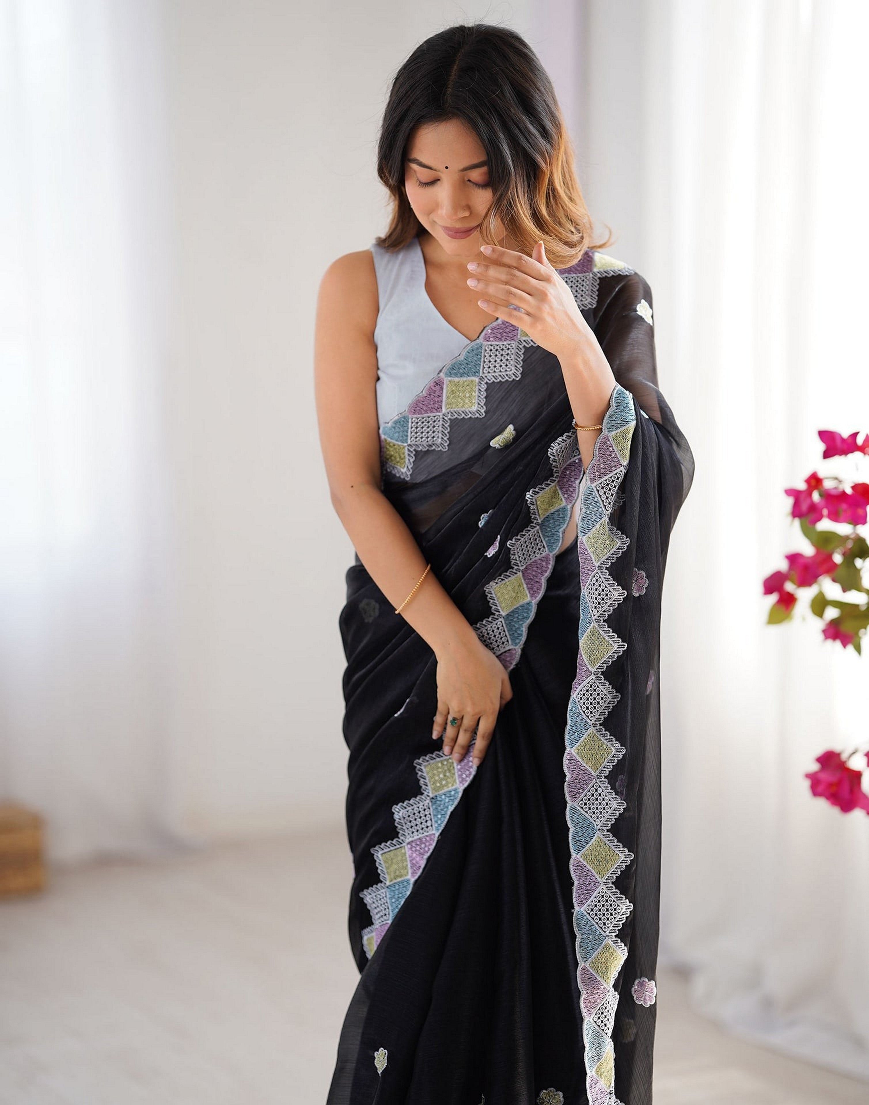 Black Fancy Embroidery Work Jimmy Choo Girlie Bollywood Saree
