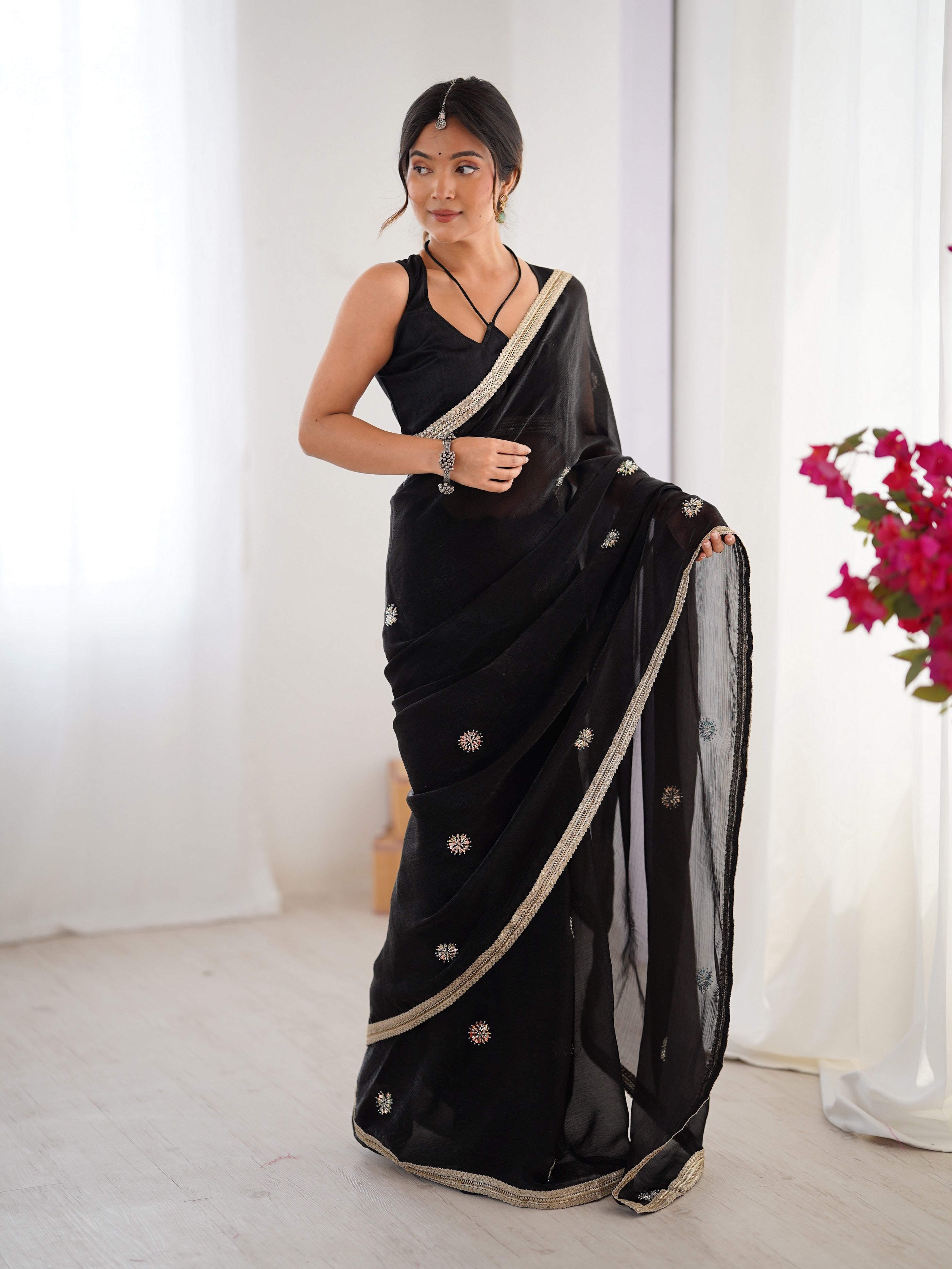 Black Fancy Stylish Partywear Saree For Girlie Ethnic Looks