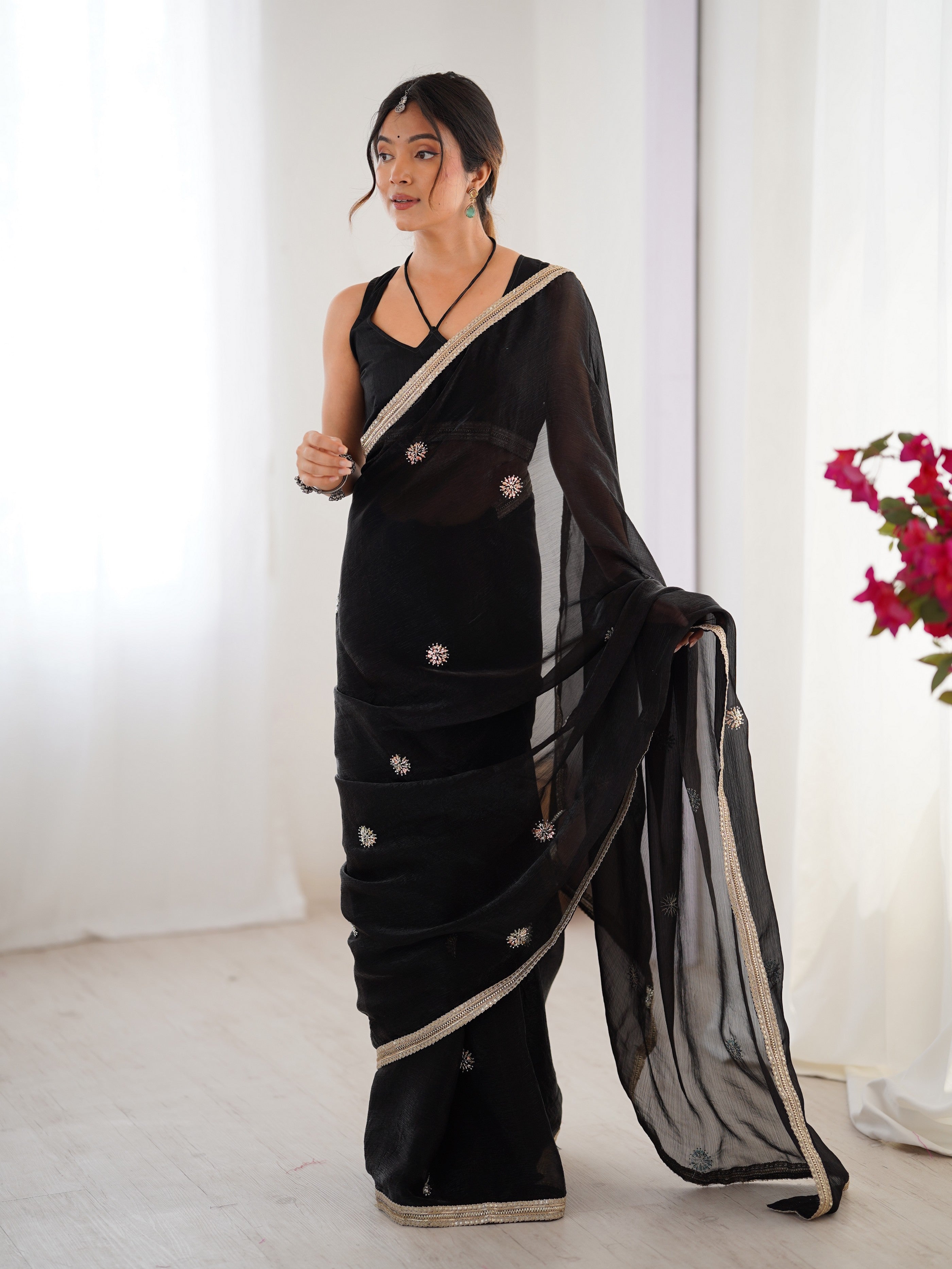Black Fancy Stylish Partywear Saree For Girlie Ethnic Looks
