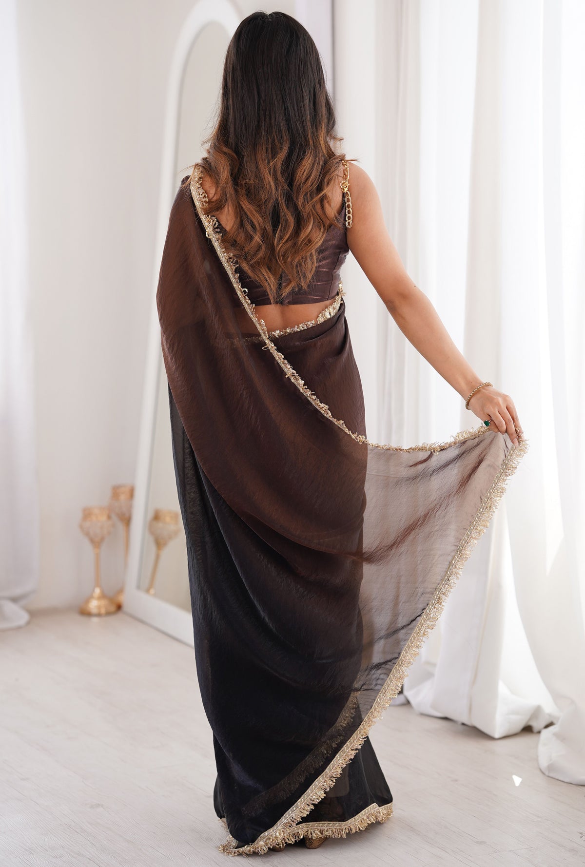 Black Fendi Satin Saree with Double Shaded Sequins Zari Lace Work