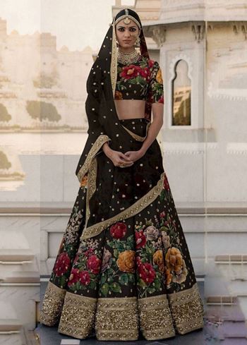 Black Floral Digital Printed Art Silk Bridal Lehenga Choli
