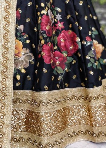 Black Floral Digital Printed Art Silk Bridal Lehenga Choli