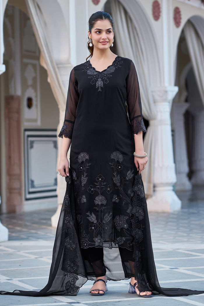 Black Fox Blooming Georgette Kurta Pant Set With Heavy Thread Embroidered Work