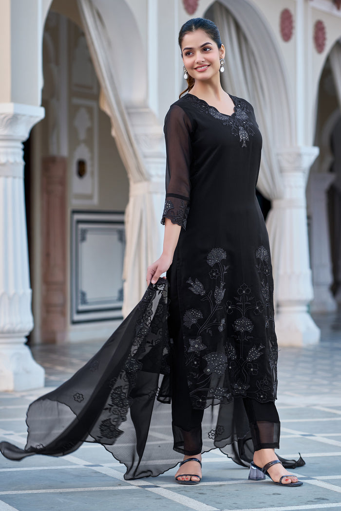 Black Fox Blooming Georgette Kurta Pant Set With Heavy Thread Embroidered Work