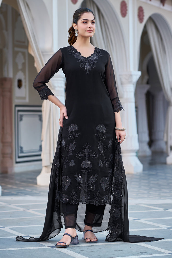 Black Fox Blooming Georgette Kurta Pant Set With Heavy Thread Embroidered Work