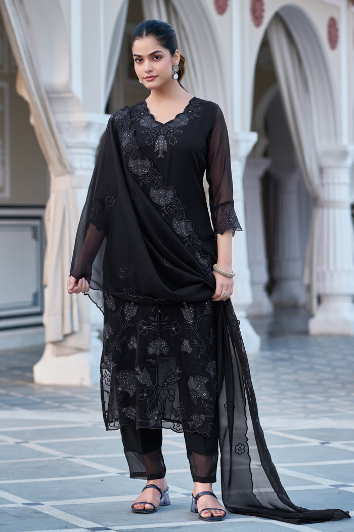 Black Fox Georgette Elegant Kurta Pant Set With Embroidery Work