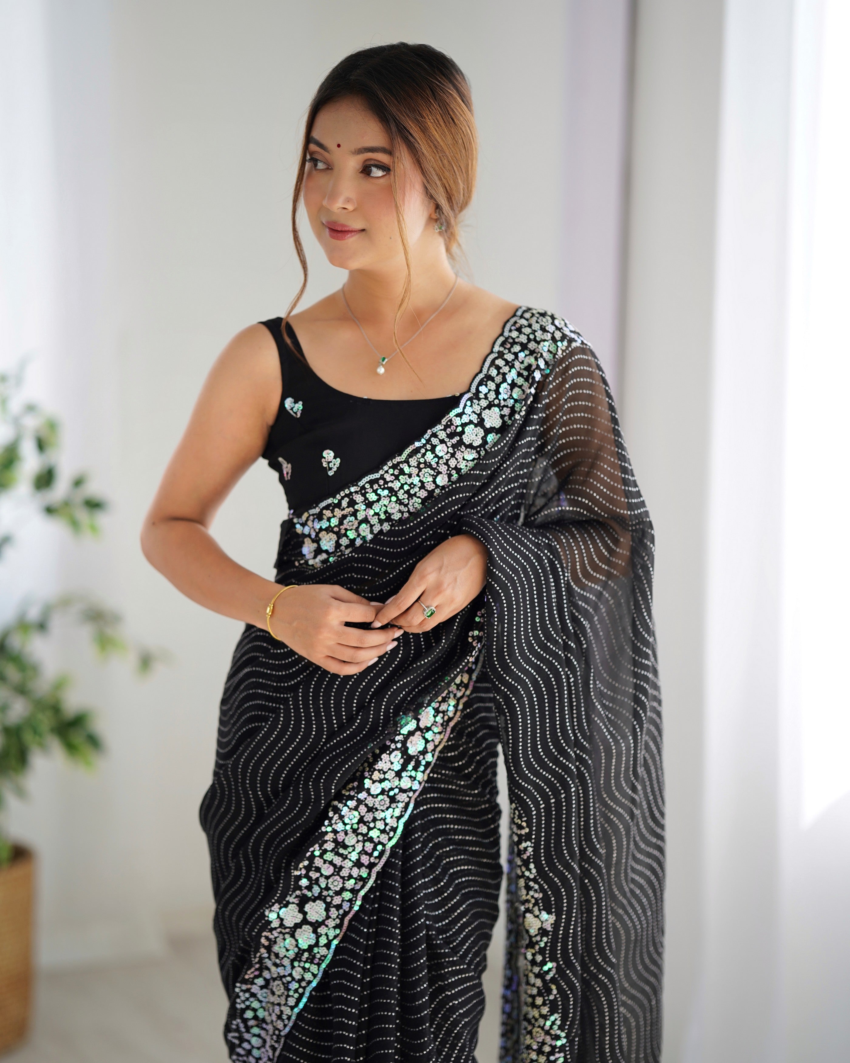 Black Georgette Beautiful Partywear Embroidered Saree