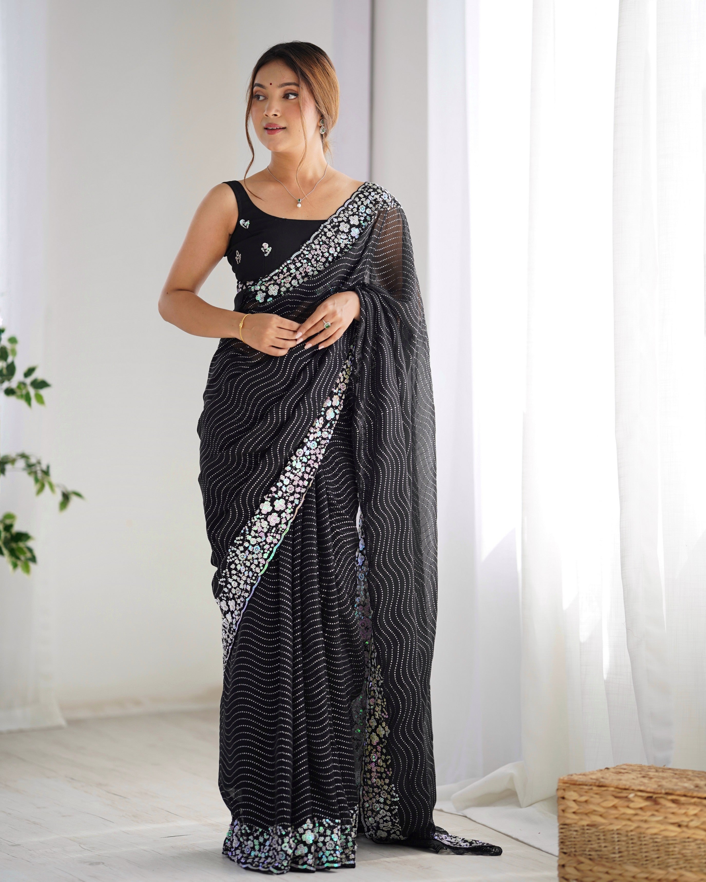 Black Georgette Beautiful Partywear Embroidered Saree